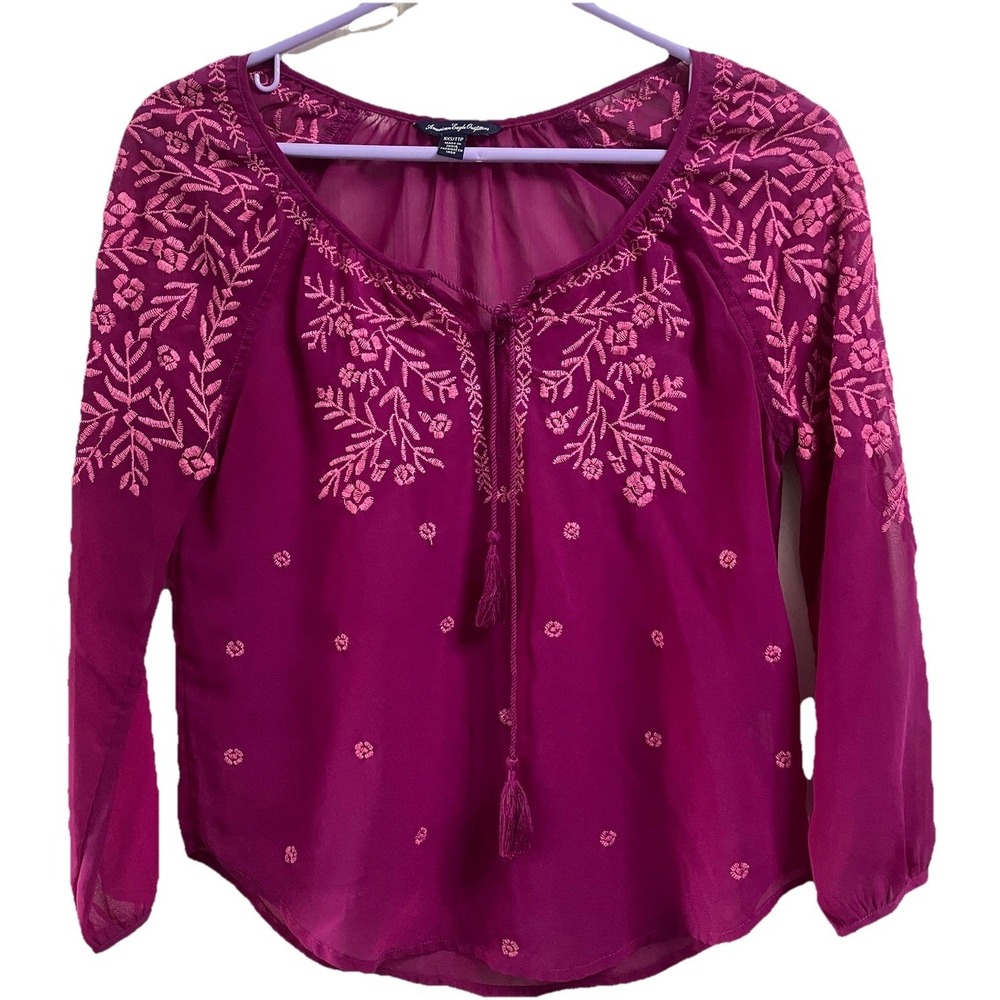 American Eagle Women's Beautiful Magenta Embroidered Top Y2k See Thru Blouse XXS